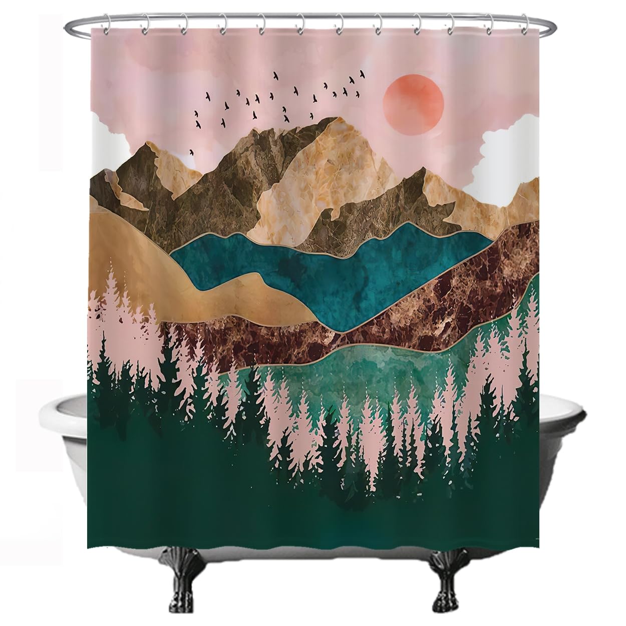 Ulticool Shower Curtain - Natural Sun Mountains Bohemian - 180 x 200 cm - Washable - Waterproof - with 12 Rings