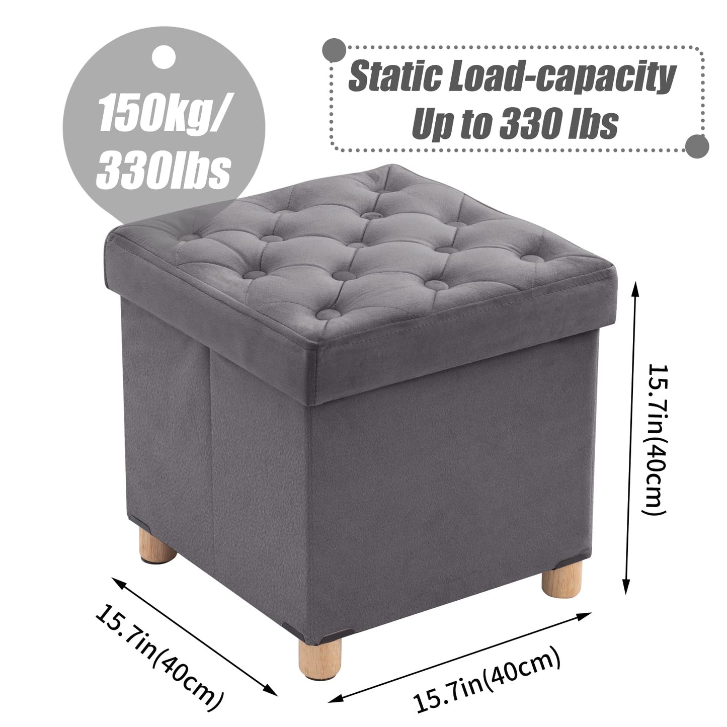 BRIAN & DANY Folding Storage Ottoman with Wood Legs, Velvet Footstools Cube for Living Room and Bedroom, 40x 40x 40 cm, Gray