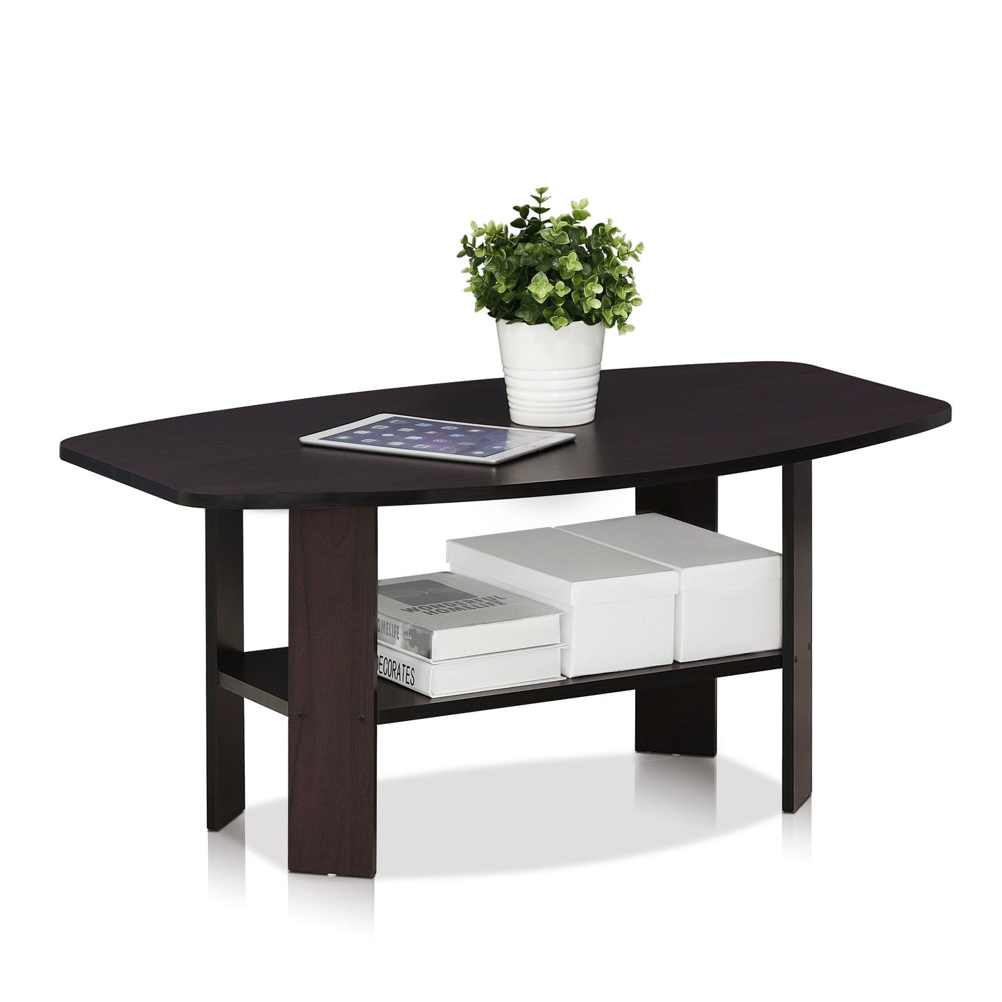 Furinno SIMPLE DESIGN Coffee Table, Small Coffee Table wih Open Shelf, Side Table, for Living Room, Home Office, Dark Walnut