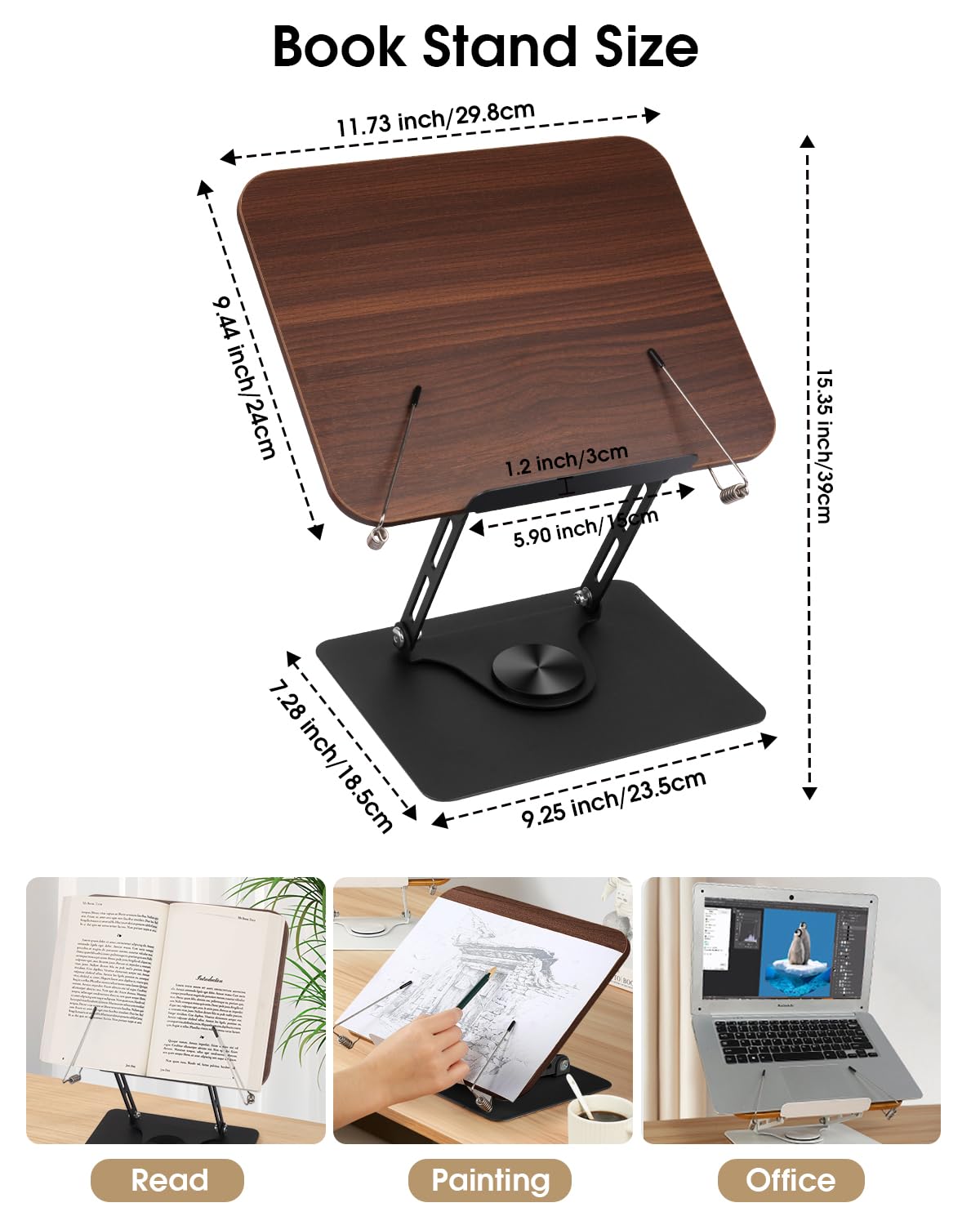 Wooden Book Stand for Reading, 360° Adjustable Book Holder Foldable Recipe Cook Book Stand for Kitchen Book Display Stand with Elastic Page Clips for