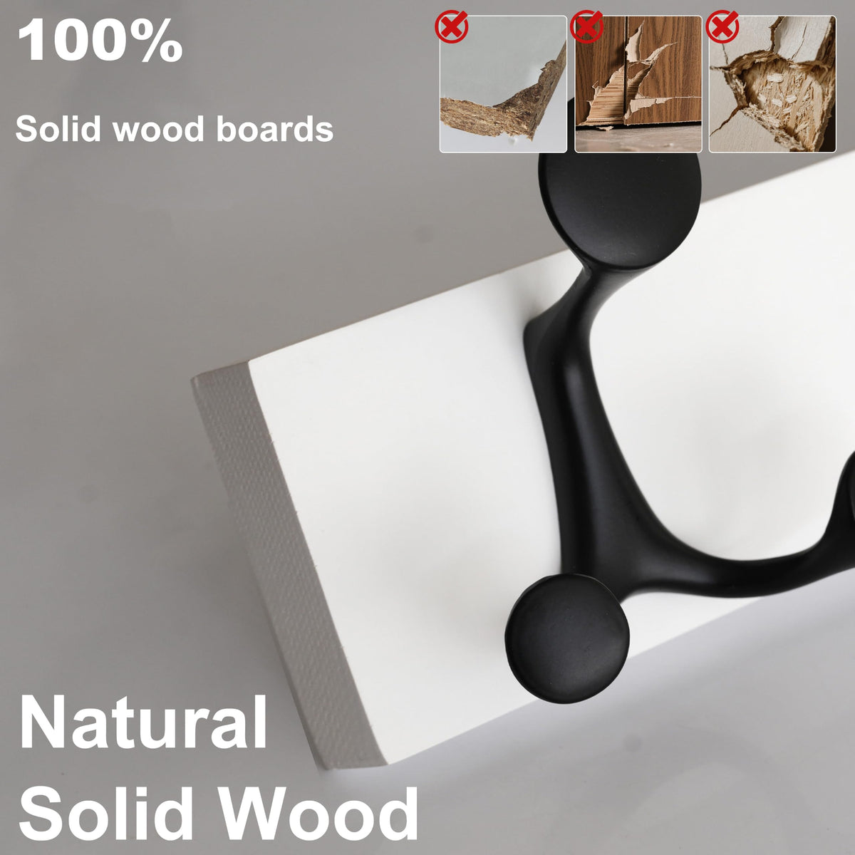 HONSKY Wall Mounted Coat Rack, 61cm White Pine Wood Base, 4 Black Sturdy Aluminium Alloy Triple Hooks12 Hanging Points