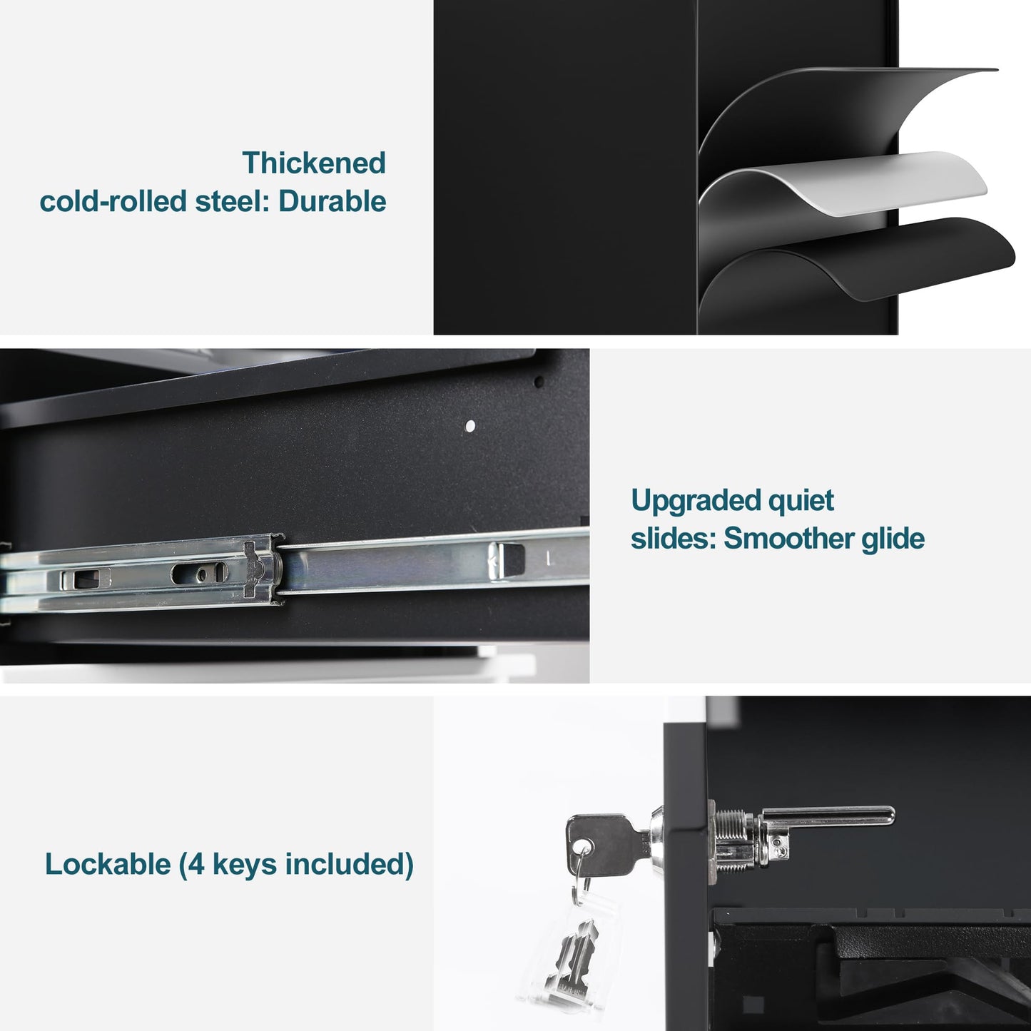 LVSTEEL 3-Drawer Mobile Filing Cabinet with Lock, Steel Office File Cabinet on Wheels, Under Desk Metal Cabinet, Fully Assembled, Black, 37x44x54cm