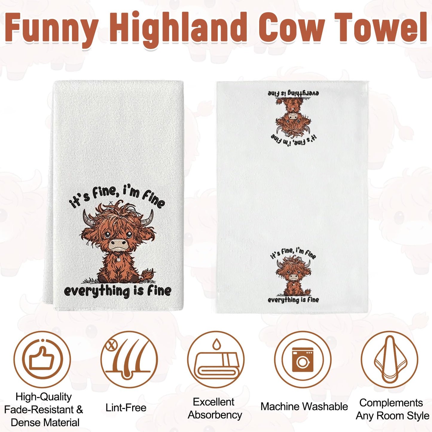 Highland Cow Towels, 2Pcs Soft Microfiber Tea Towels, Highland Cow Kitchen Accessories, Quick Dry for Everyday Cleaning, Home Decoration