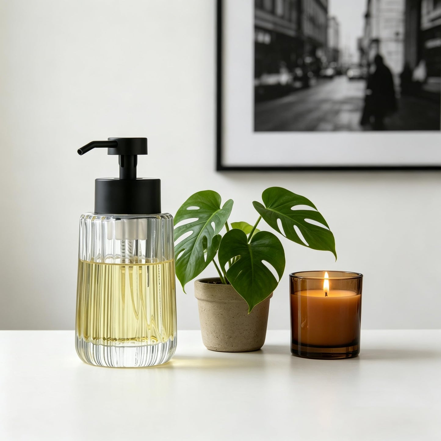 Easy Tang Glass Foaming Soap Dispenser with Black Pump, 12 OZ Vintage-Inspired Modern Glass Refillable Bottle for Bathroom Vanity Countertop and