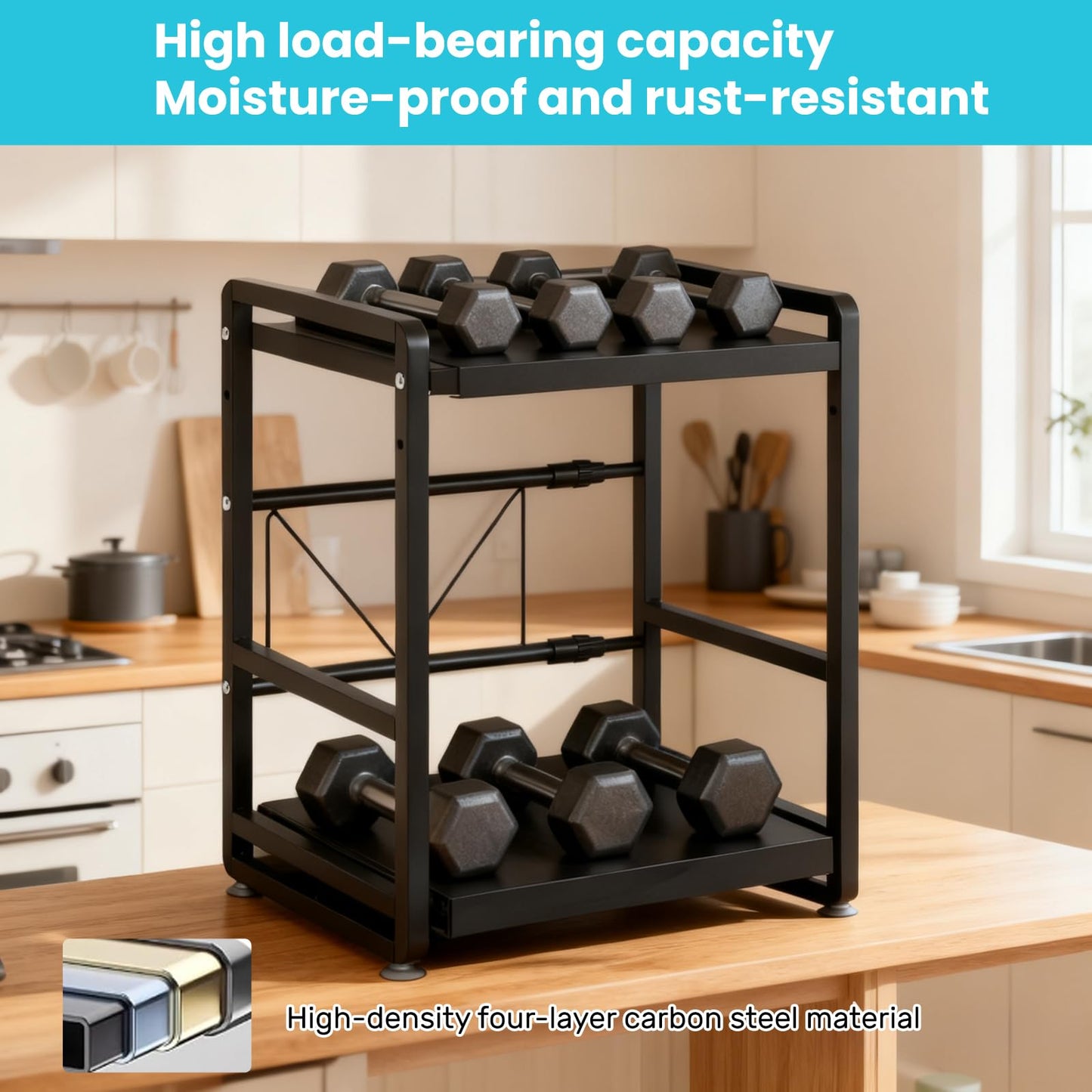 SnagShill 2-Tier Microwave Rack - Height Adjustable & Extendable Kitchen Shelf with Drawer - Includes Hooks & Reinforcement Suction Cups