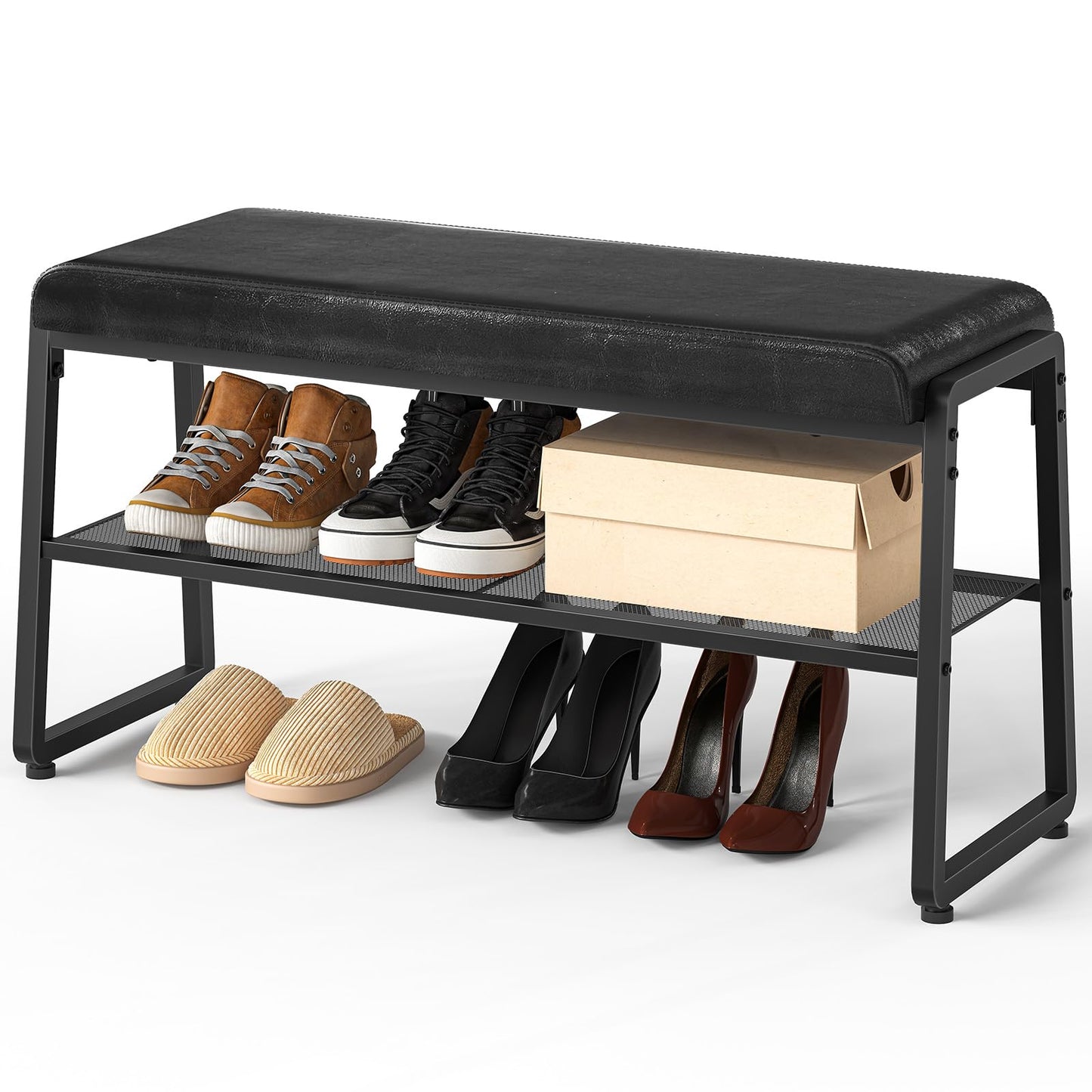 HOOBRO 2-Tier Shoe Storage Bench with Upholstered Seat, for Hallway