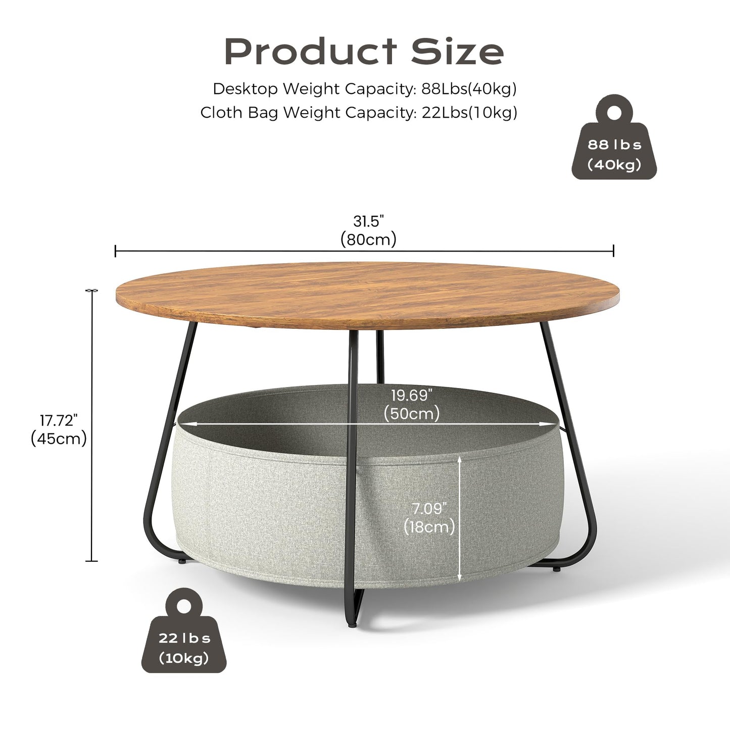 Manora Rustic Brown Round Coffee Table with Storage 31" Fabric Basket