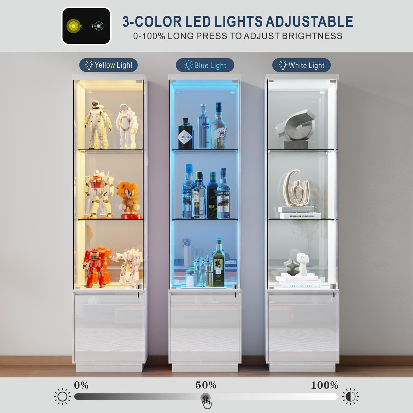4-Tier LED Glass Display Cabinets with Human Body Sensor for Living Room