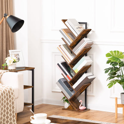 HOOBRO Tree Bookshelf Tall, 9-Tier Floor Standing Book Shelf, Tall Bookcase for CDs Albums, for Living Room, Rustic Brown and Black EBF08SJ01G1