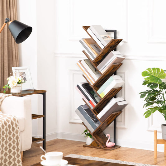 HOOBRO Tree Bookshelf Tall, 9-Tier Floor Standing Book Shelf, Tall Bookcase for CDs Albums, for Living Room, Rustic Brown and Black EBF08SJ01G1