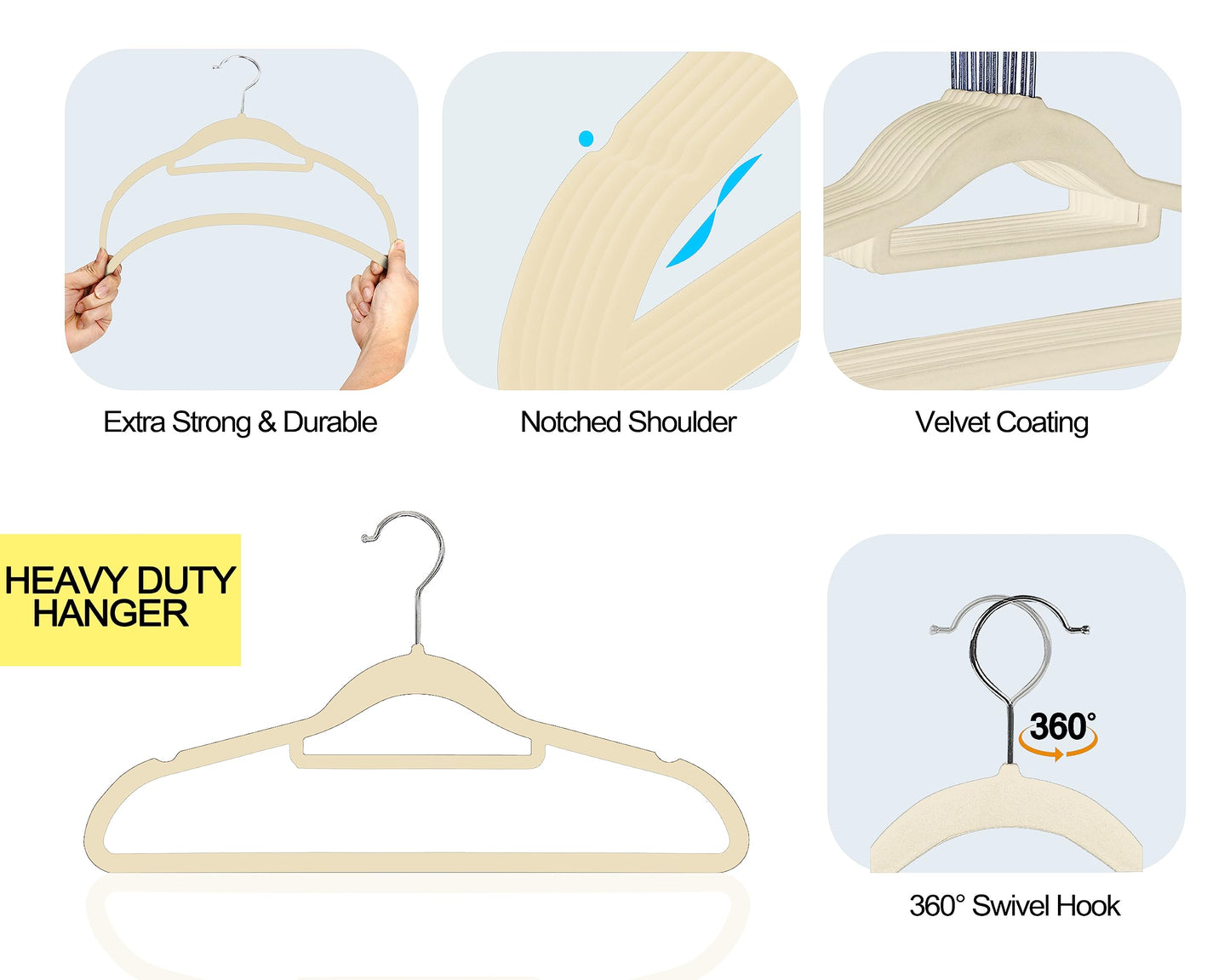 GVTECH Premium Velvet Hangers, [50 Pack] Non Slip and Heavy Duty Velvet Suit Hangers (45cm) with Tie Bar, 360° Swivel Hooks, Sturdy to hold Jumper
