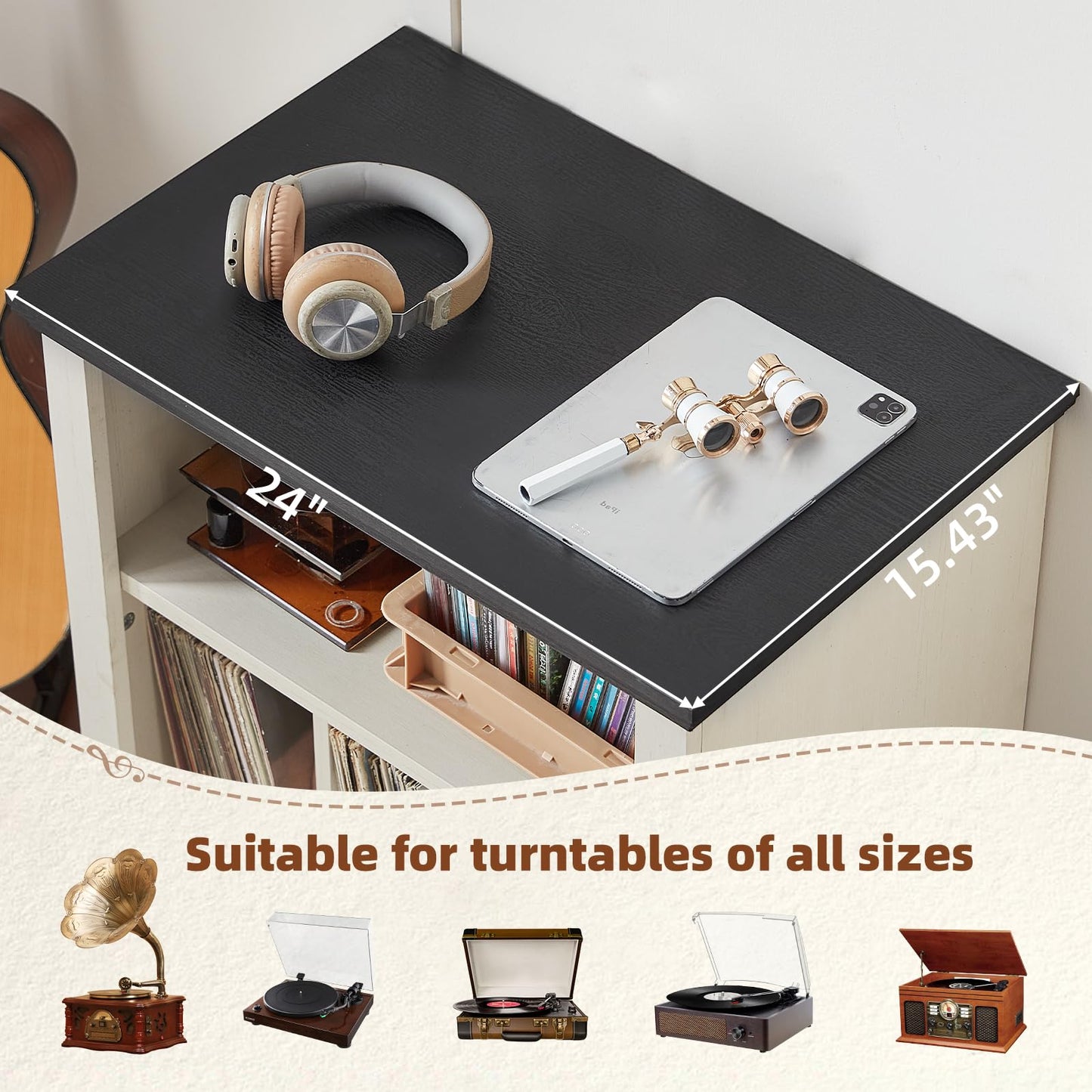 LELELINKY Large Record Player Stand with Vinyl Record Storage, 24" Wide Wood Turntable Stand, Mid-Century Record Player Table Up to 200 Albums