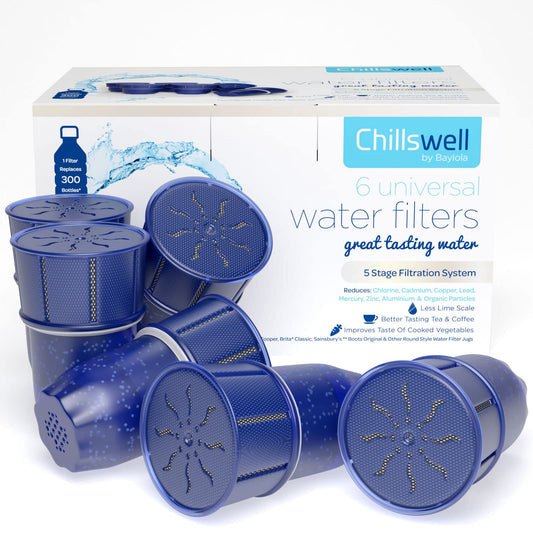 Chillswell Universal Longlife Water Filters 6 Pack (One Year Supply), BPA Free, Activated Carbon Filter Cartridges Fits Coopers, Brita Classic,