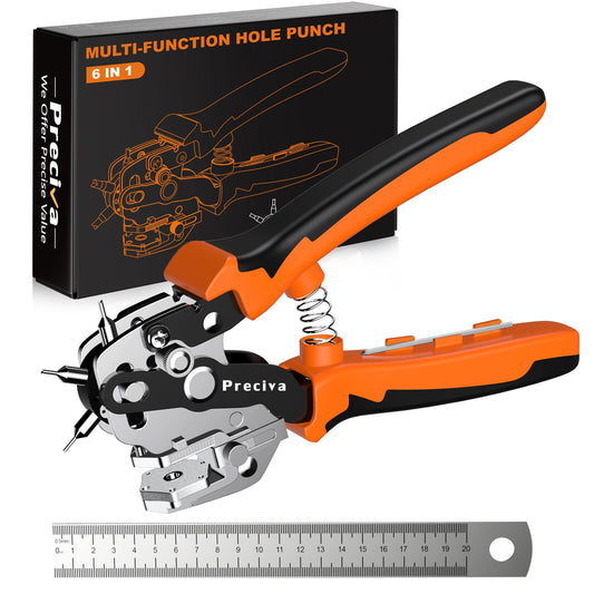 Leather Hole Puncher, Preciva Revolving Belt Punching Tool, Adjustable Heavy Duty Belts Punchers Plier with 6 Holes, Ruler (V-Shape Hole Punch)