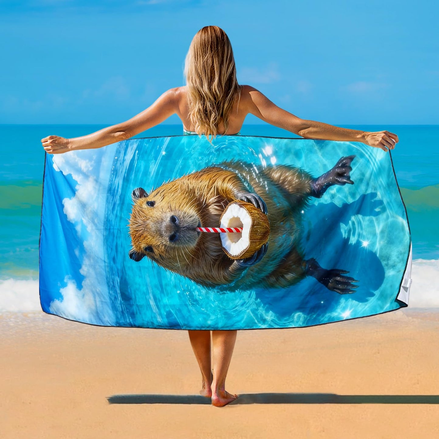 Violetpos Coconut Capybara Beach Towel, Extra Large 180x90 cm 250GSM Microfibre, Sand Free Quick Dry