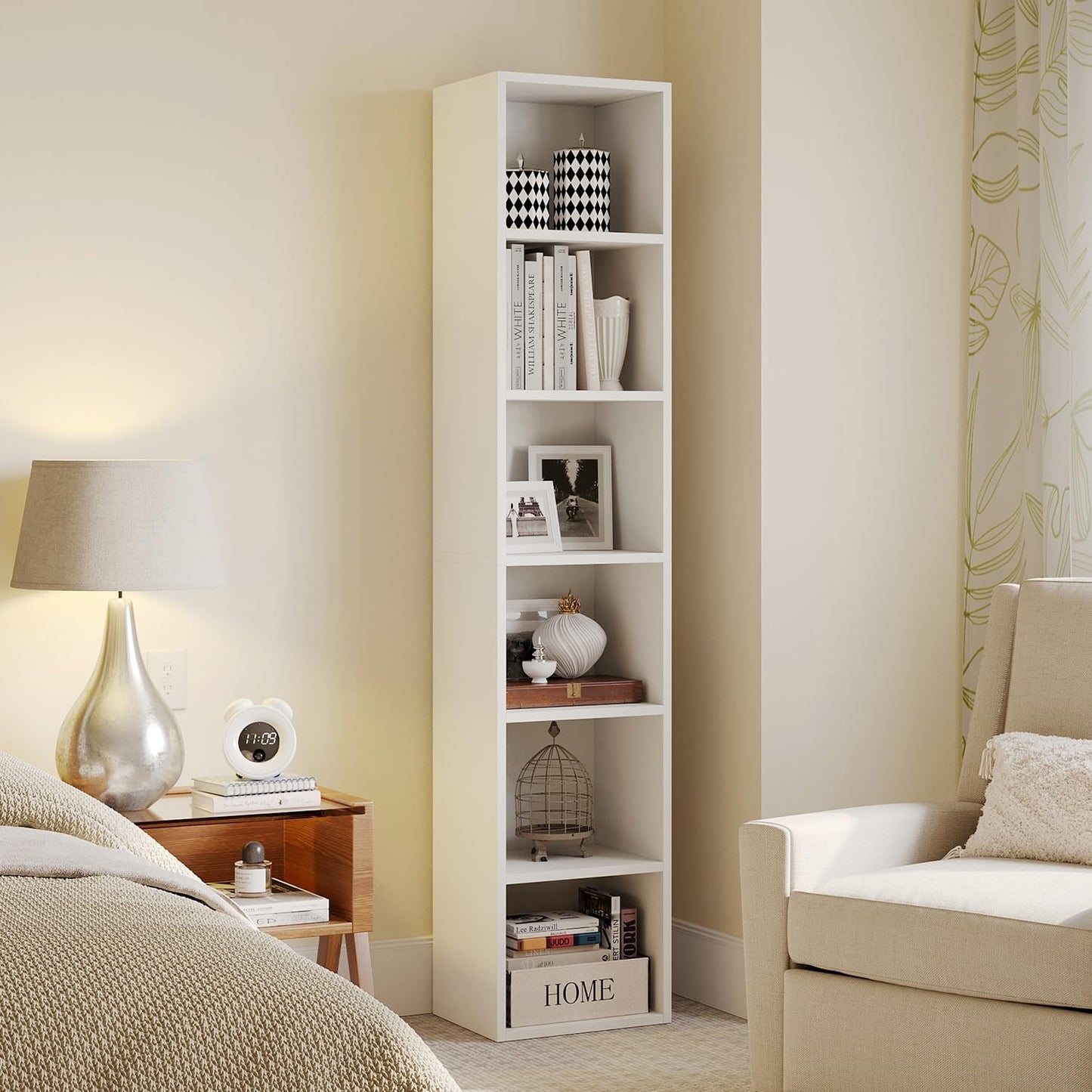 oneinmil Tall Narrow Bookcase, 6 Tier Bookshelf Display Rack, Modern Corner Cube with Open Storage Space, Storage Shelves for Home Office