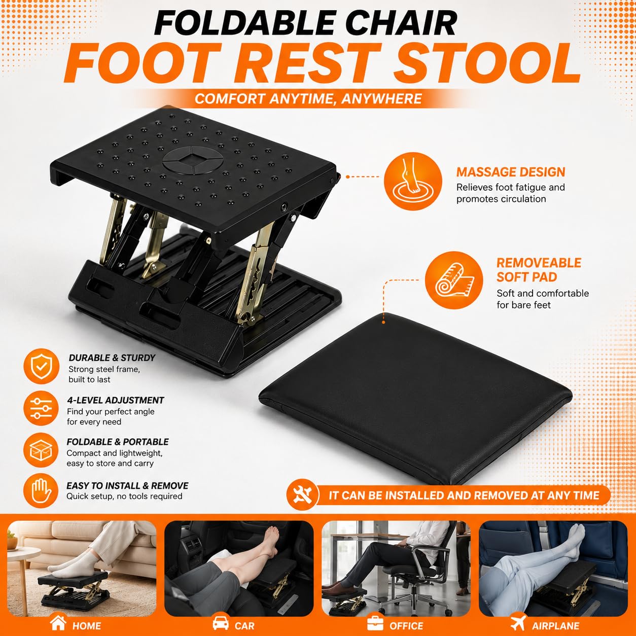 Foot Rest Under Desk with Phone Holder & Soft Pad, 4-Level Adjustable Foot Stool Support 120 lbs, Foldable Foot Stool Under Desk