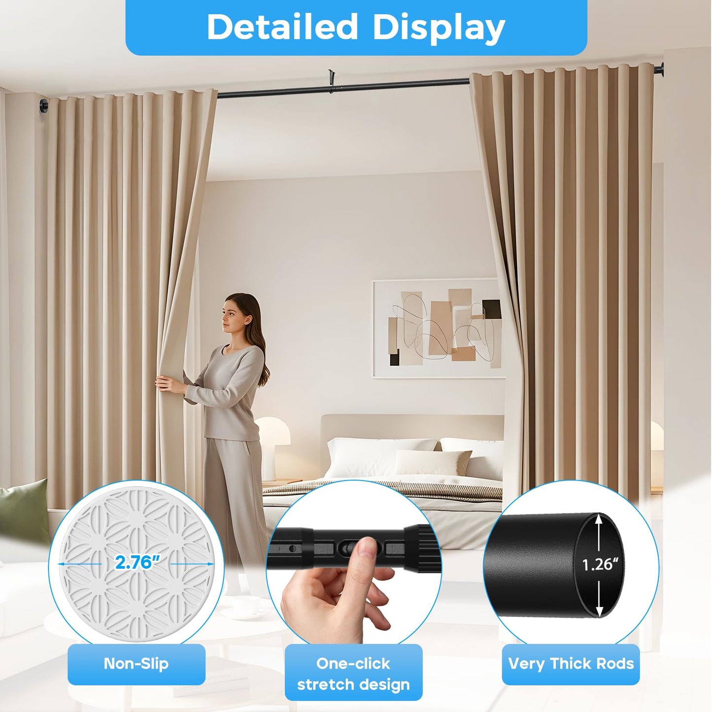 AIZESI Black Shower Curtain Pole 105-262Cm, Extendable Curtain Poles Extra Long Tension Rod, Shower Curtain Rail Room Divider Curtain Rod