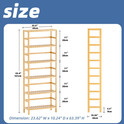 HITNET Bamboo Shelf, 6-Tier Adjustable Tall Open Bookcase, Bathroom Storage Rack Freestanding Shelving Unit, Plant Display Stand for Small Space,