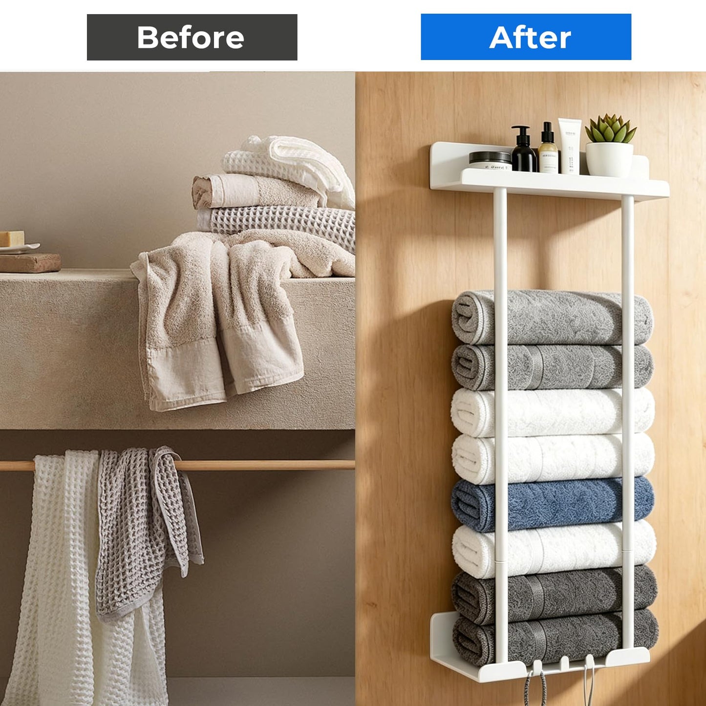 ULIKEUS Towel Rack Wall Mounted Towel Holder Storage with Shelf Hooks Towel Storage Self Adhesive Adjustable Bathroom Towel Holder Rail