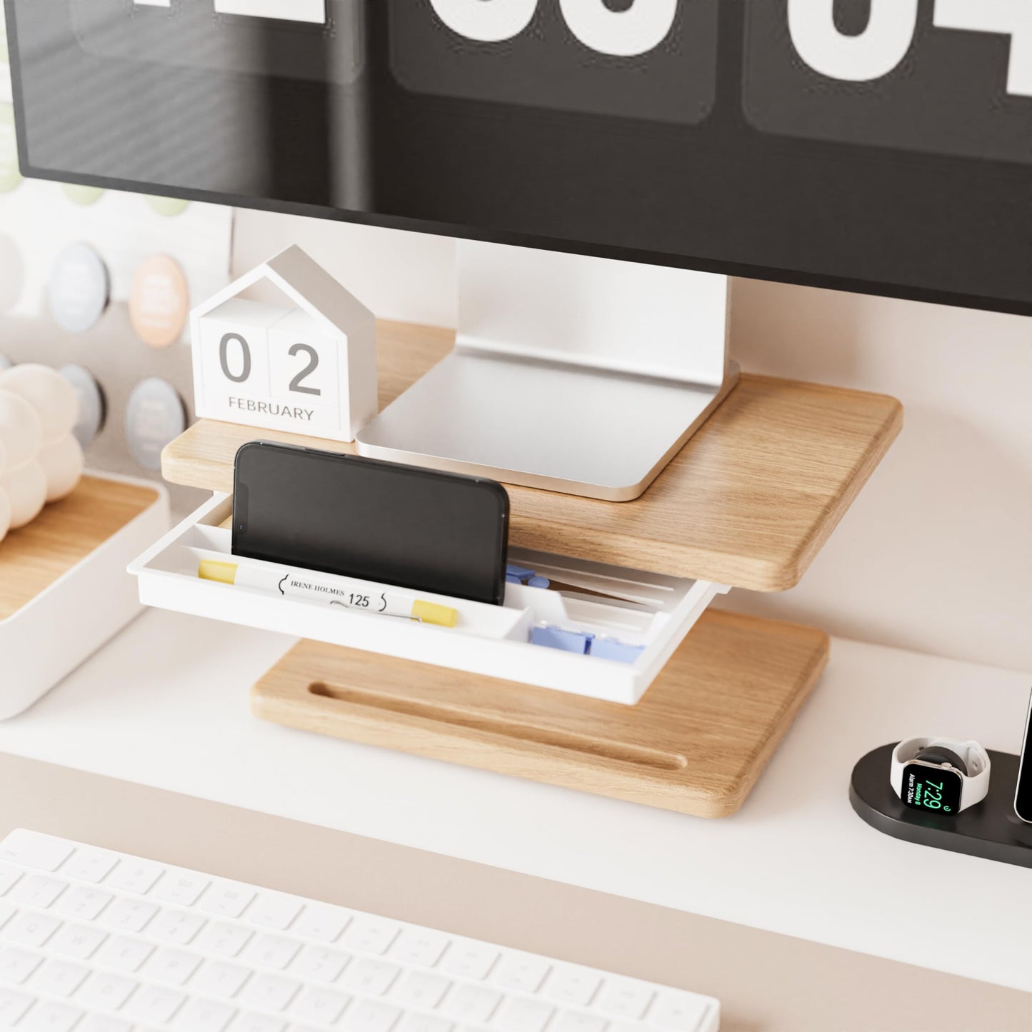 Fydeamer Wooden Monitor Stand with Storage Drawer