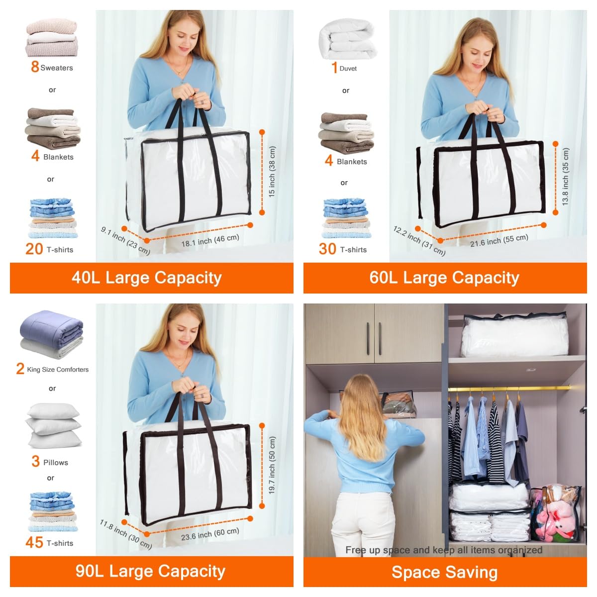Vieshful 3 Pack Clear Comforter Storage Bag, 40L + 60L + 90L Clothes Storage Bag with Zipper Closet Organizer