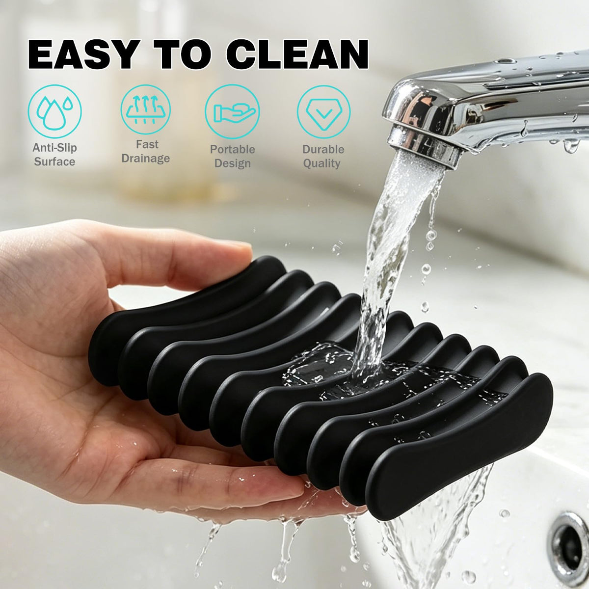 Langerspur Silicone Soap Dish 2 Pack Bar Soap Holder Self Draining Soap Tray Dishes for Bathroom Shower Kitchen Sink Travel Black