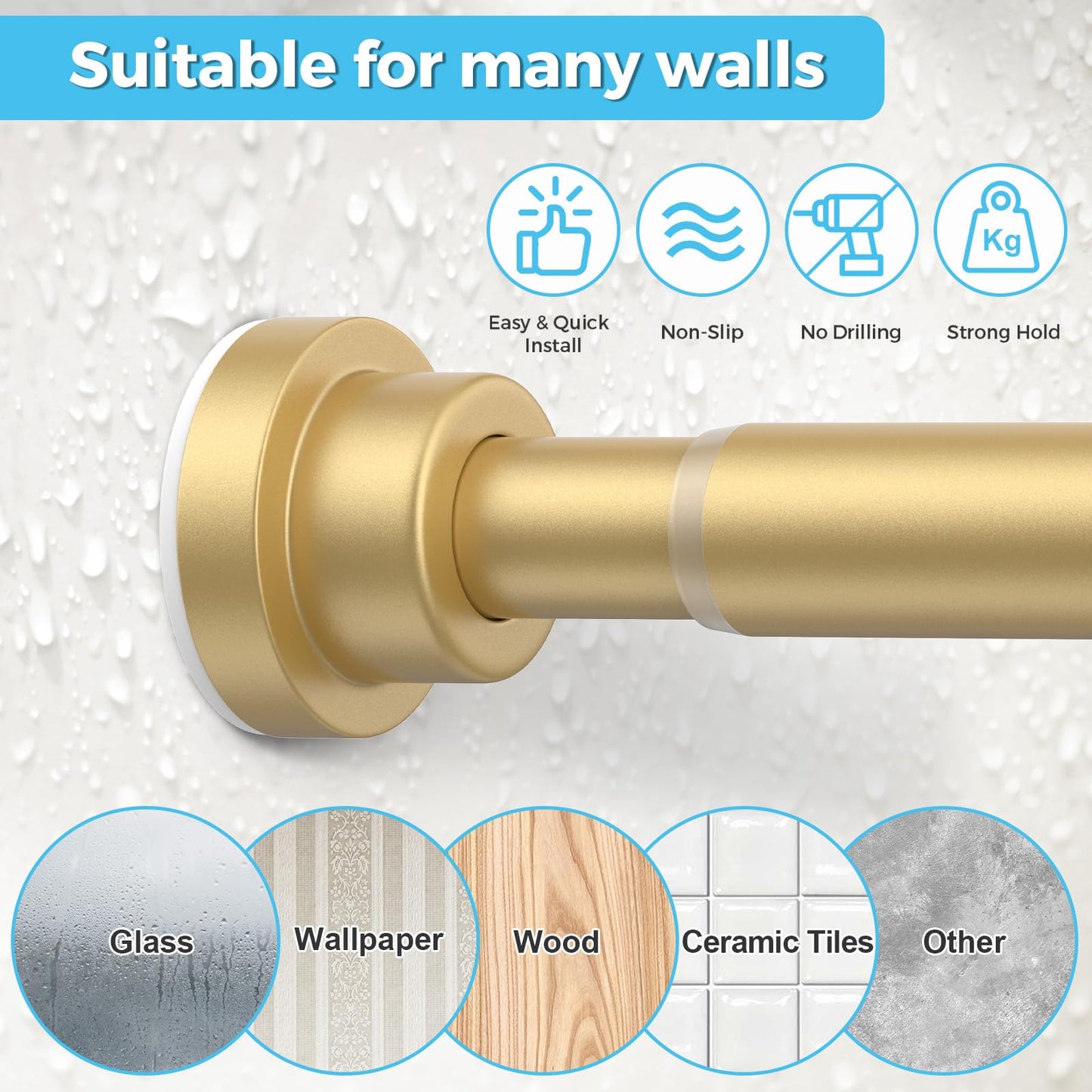 Shower Curtain Pole Extendable Curtain Poles 79-126 Cm Tension Rods For Curtains Extendable No Drill Shower Curtain Rail Non-Slip Gold Shower Pole