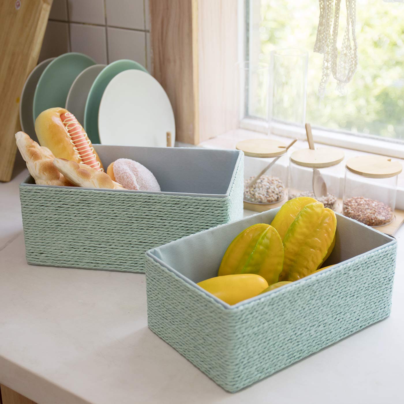 LA JOLIE MUSE Paper Rope Woven Storage Basket Set of 4 with Fabric Liner, Stackable Multipurpose Organizer Bin, Mint Green