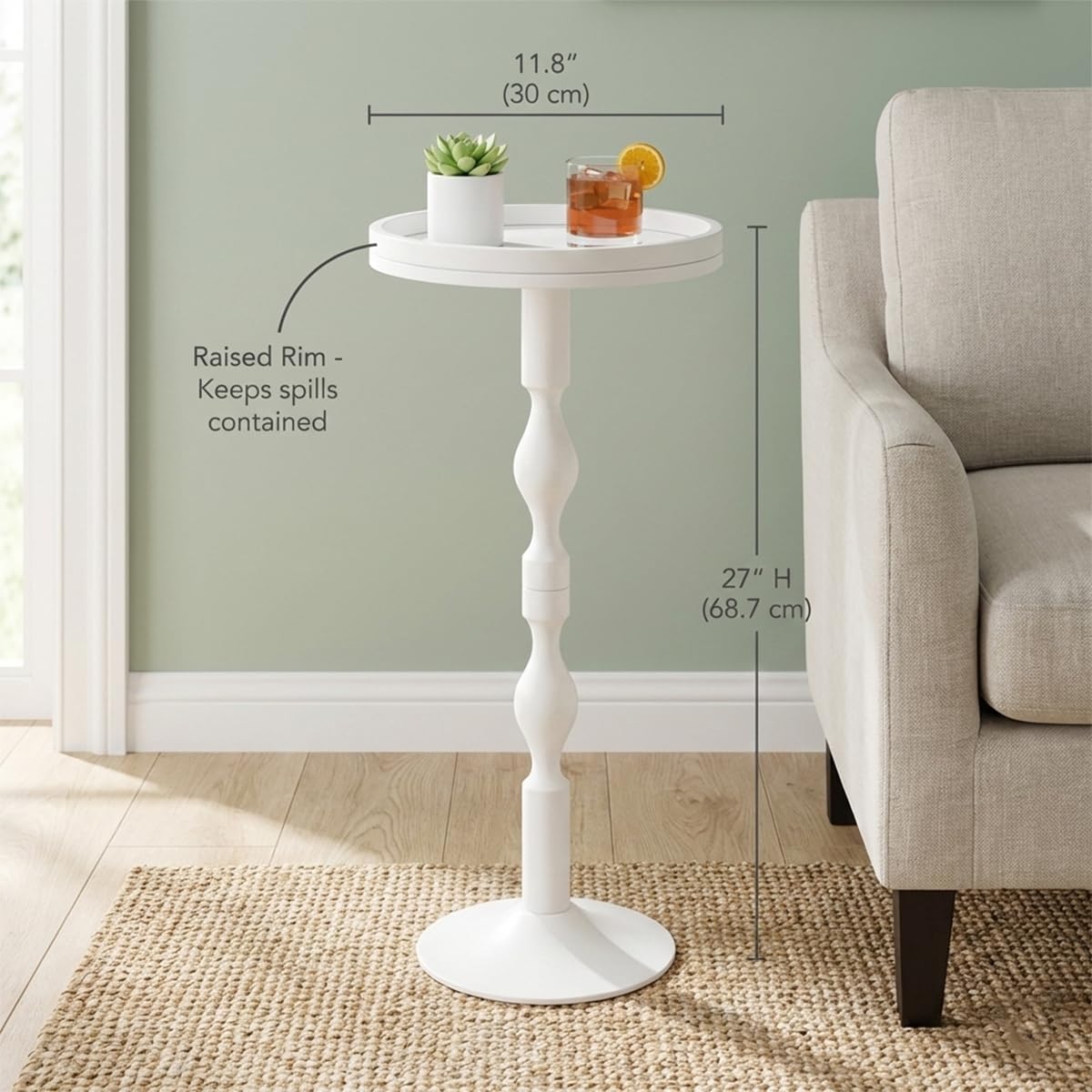 ZEXVIDA Small Round Drink Table,Pedestal Tables,Small Round Side Table for Narrow Spaces,End Table for Living Room, Bedroom, Bathroom,Balcony (White)