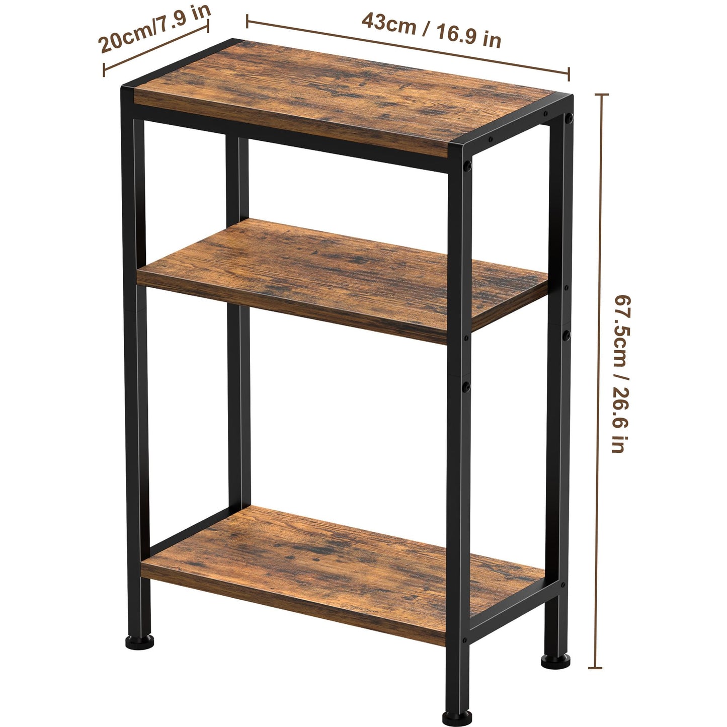 Vantimo 3-Tier Narrow Wooden Side Table, Small Slim End Table with Storage, Skinny Nightstand for Small Spaces, Living Room, Bedroom (Rustic Brown)