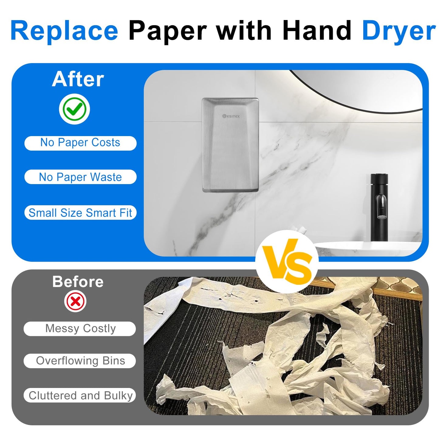 KSITEX Hand Dryer,High Speed Commercial Hand Dryer Stainless Steel Automatic Electric Dryer Wall Mounted for Toilet Bathroom Eco Friendly Brushed