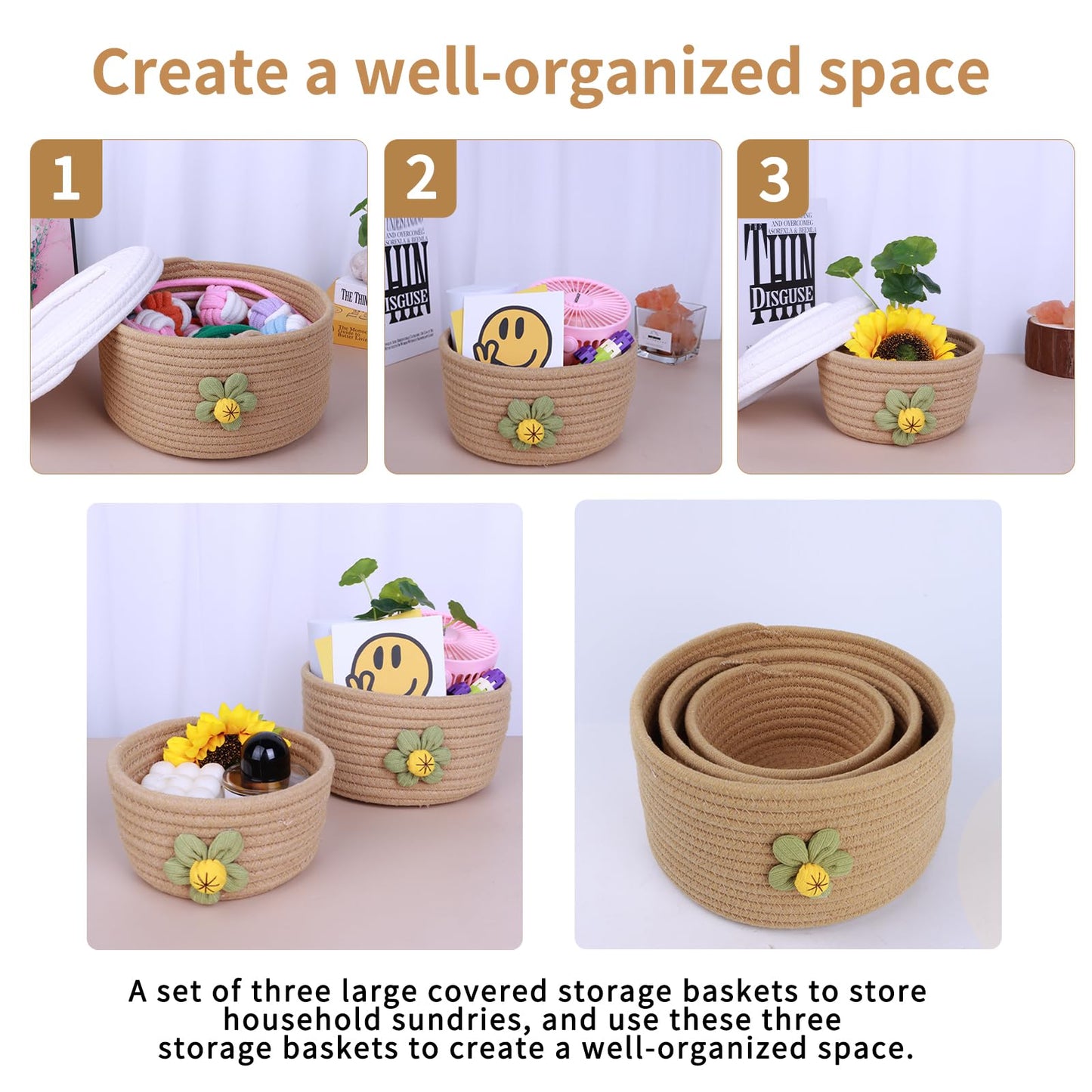 A Set of Three Large Covered Storage Baskets, Handmade Woven Fresh Style Desktop Decoration, Organizing Household Miscellaneous Items
