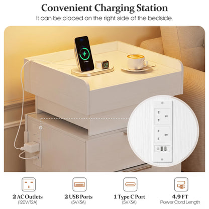 Quikraen White Bedside Table with LED, Charging Station and Lockable Drawer