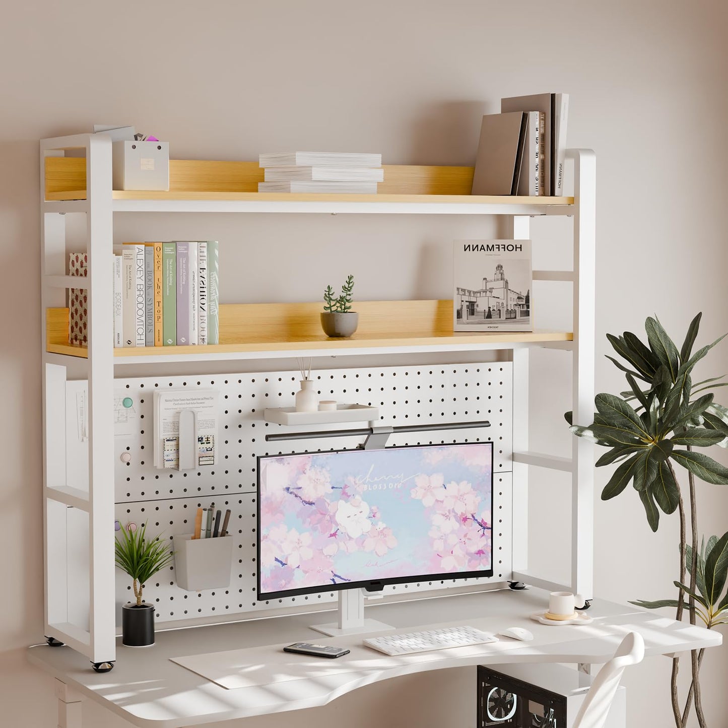 Boltmol 2-Tier Desk Shelf With Concealed Screws Design,Beige 110CM, Desktop Organizer With Pegboard, Countertop Storage Bookcase For Home