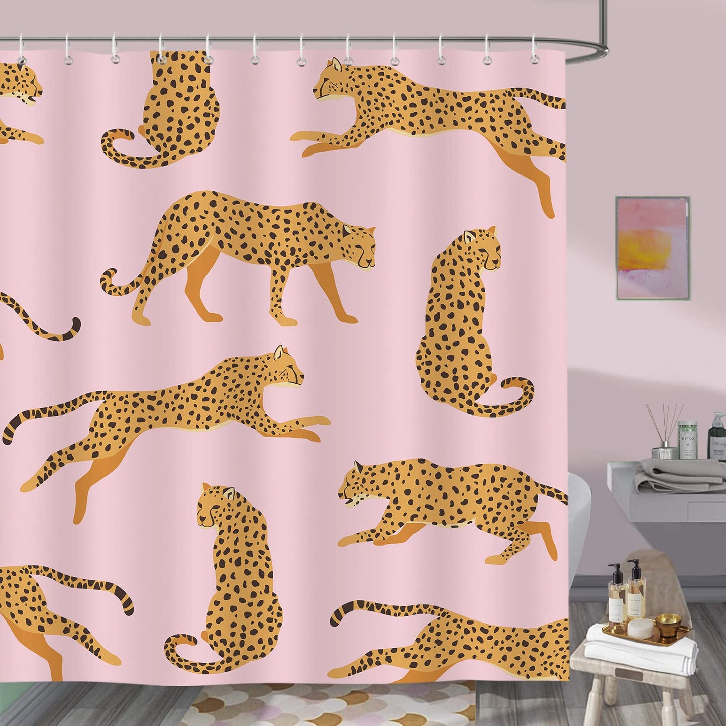 Bonhause Pink Leopard Shower Curtain Tropical Animal Cheetah Trendy Bathroom Curtain 180 x 200 cm Waterproof Mildew & Mould Resistant Polyester Fabric