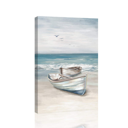 SUMGAR Ocean Wall Art Blue White Sea Canvas Paintings Sandy Beach Pictures Boat Coastal Artwork Framed Seashore Prints Seaside View Home Decor for