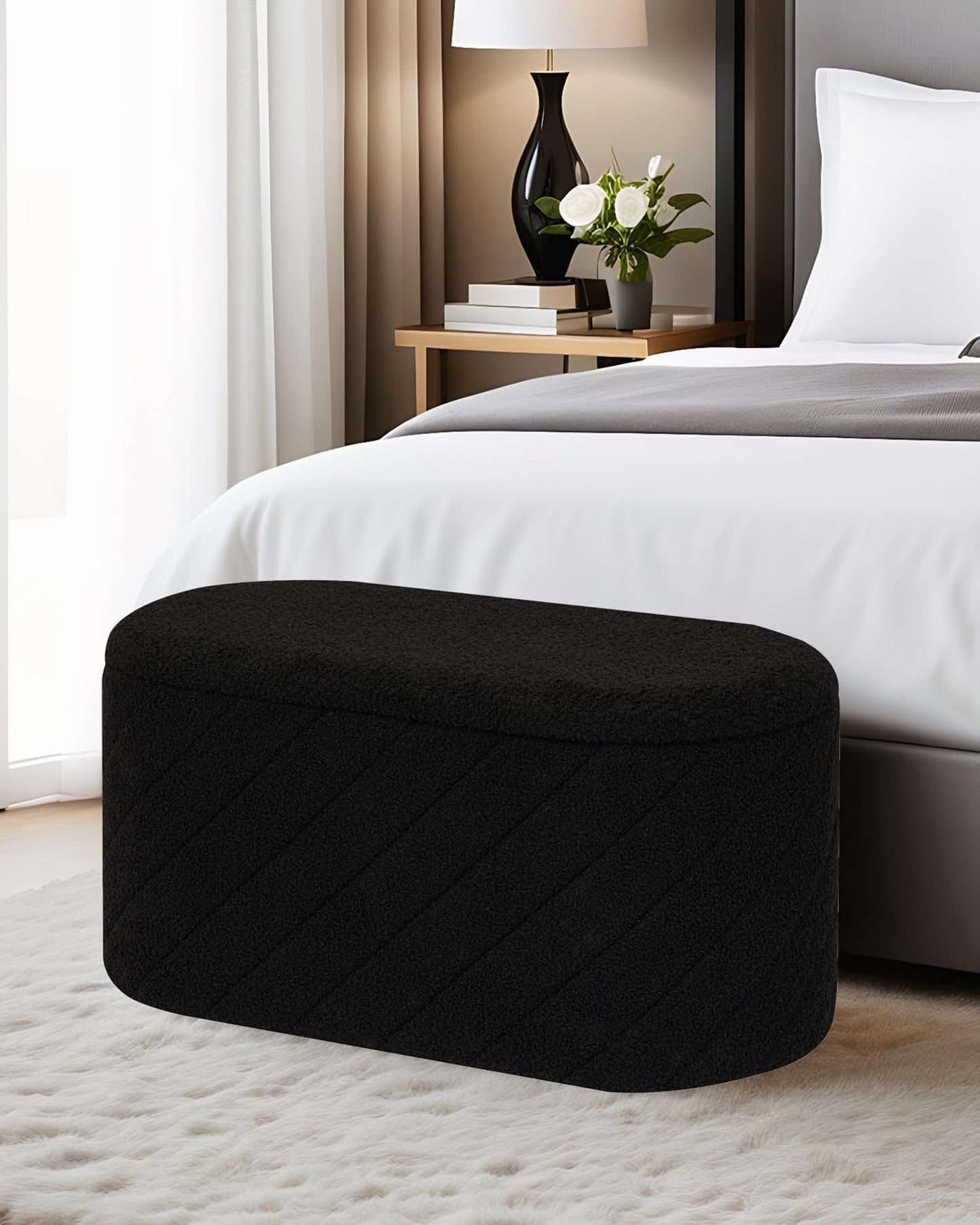 Bonlife Oval Ottoman with Storage Bench, Folding Foot Rest with Lid, Boucle End of Bed Bench,Foostool for Living