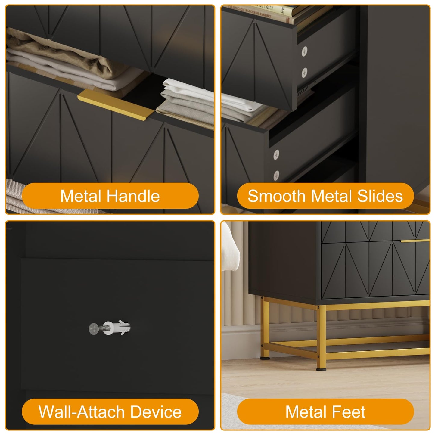 GarveeMore Chest of Drawers, 4 Drawer Wooden Bedroom Chest Cabinet with Metal Legs & Gold Handle, Modern Wide Storage Dresser for Bedroom