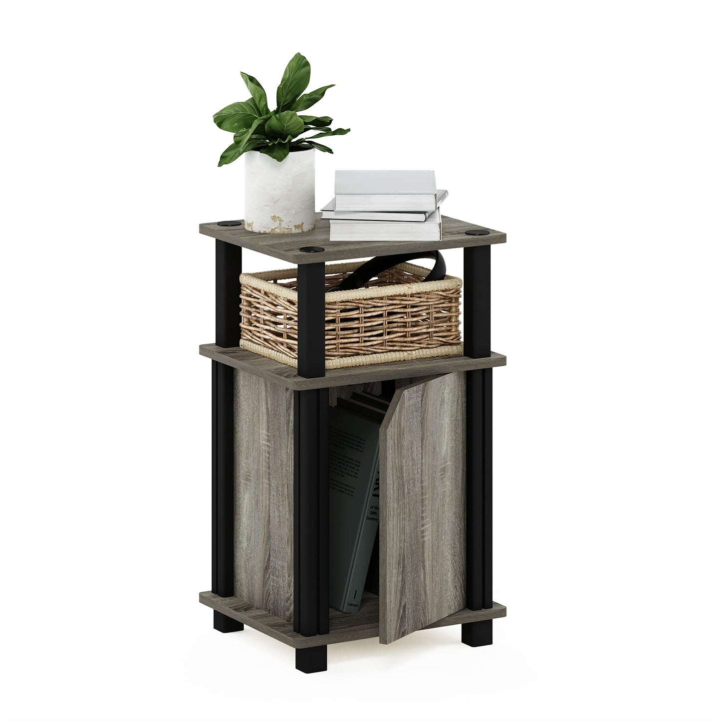Furinno JUST Side Table, 3-Tier End Table with Door Cabinet, Night Stand, Bedside Table with Open Shelf, for Living Room, Bedroom, French Oak