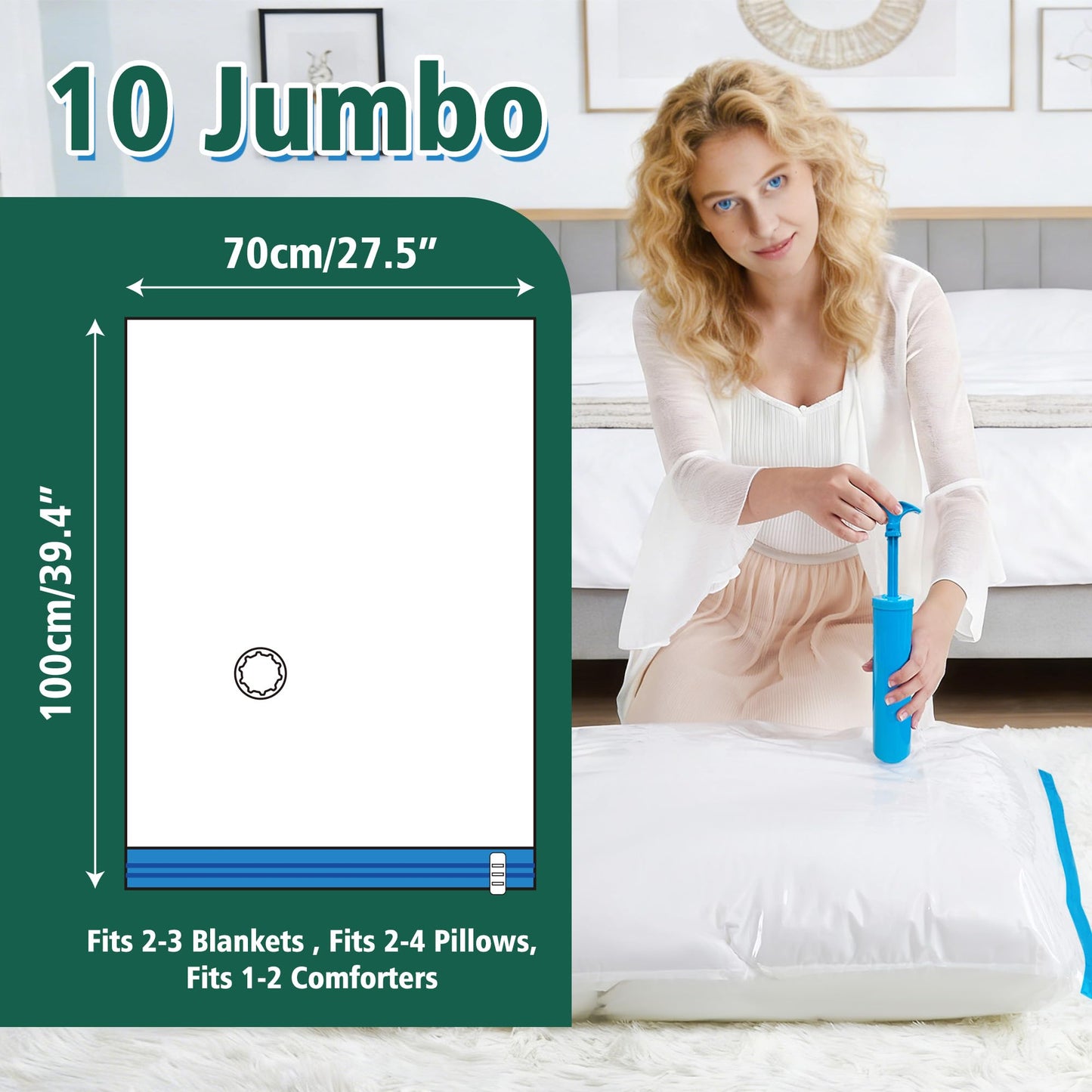 Oumaru Vacuum Storage Bags for Clothes, Vacuum Bags, Space Saver Bags for Clothes, Duvets and Pillows, Hand Pump Included, Pack of 10, Jumbo Size