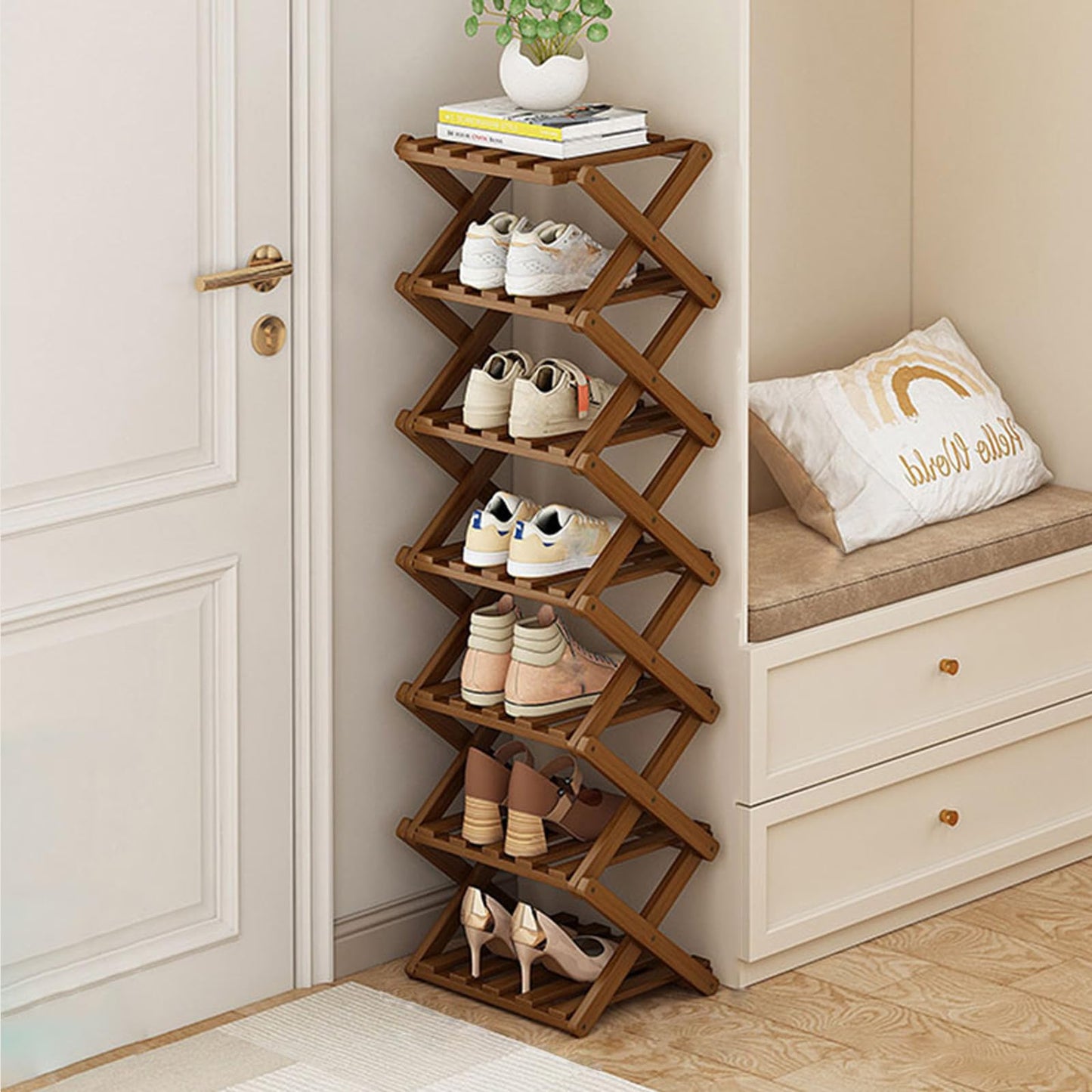 Kiss Me Bamboo Folding 7-Tier Narrow Tall Shoe Rack Portable Brown