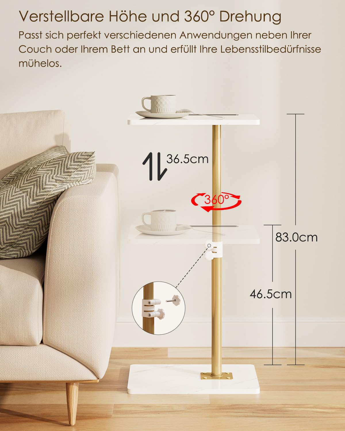 HEYZOEY C-Shaped Side Table Adjustable, 360° Swivel Sofa End Table, 40x30x45-83cm, Small Coffee Table, Bedside Table for Living Room, Bedroom