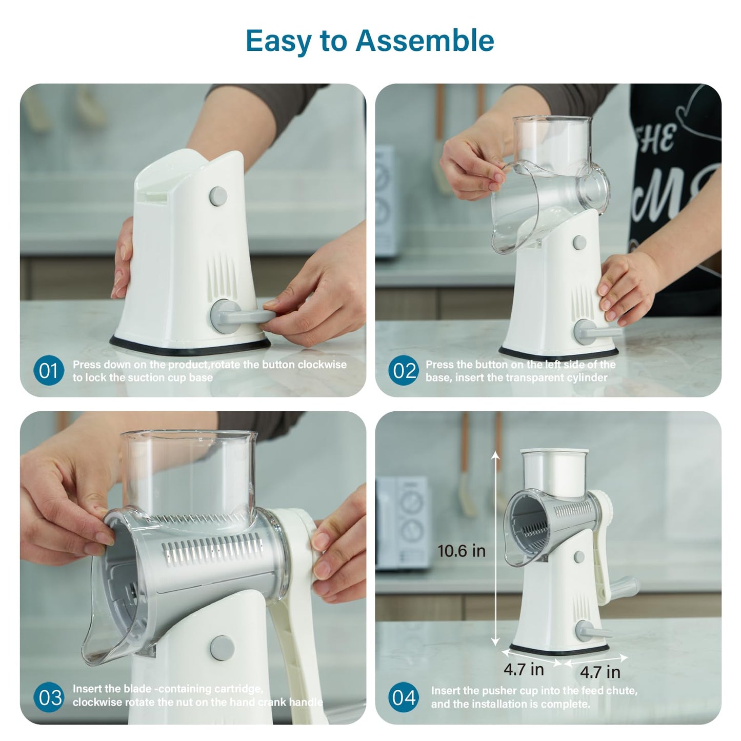 ALEXPHY Rotary Cheese Grater Hand Crank, 5-in-1 Rotary Cheese Grater, Stronger Suction, Easy to Clean Grater for Fruit, Vegetables, Nuts, White
