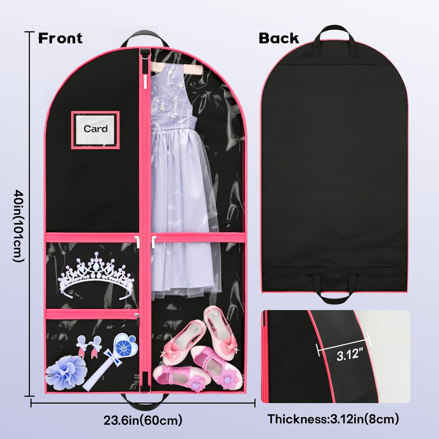 Costume Garment Bags for Dancers, Garment Bags with 3 Clear Zipper Pockets, Clothes Covers Protector Bags for Suits, Travel & Sports Jersey