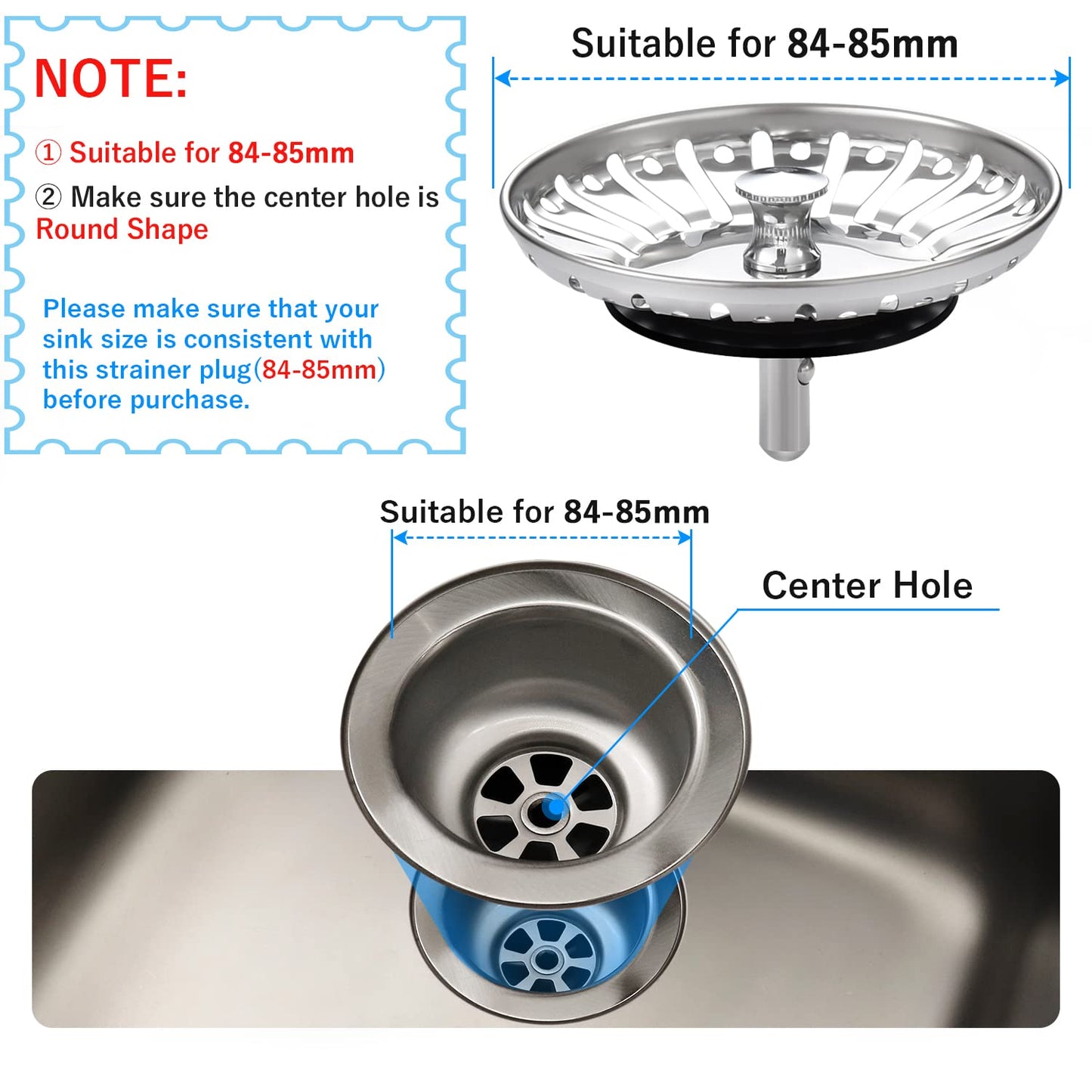 84mm Kitchen Sink Bowl Strainer and Plug, Stainless Steel Sink Plug for Kitchen Bowl Use, Kitchen Bathroom Food Hair Catcher Filter Stopper