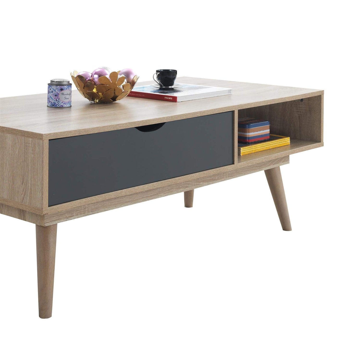 Timber Art Design UK Alford Scandinavian Coffee Table With Drawer and Wooden Legs Storage Shelf Rectangular for Living Room, Home