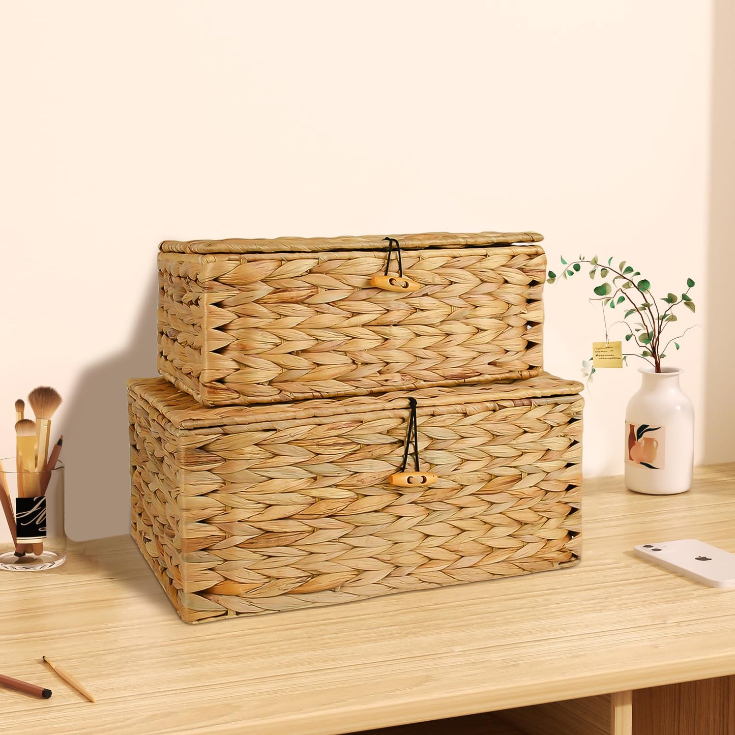 Esoes Wicker Storage Basket Woven Rattan Storage Box With Lids Seagrass