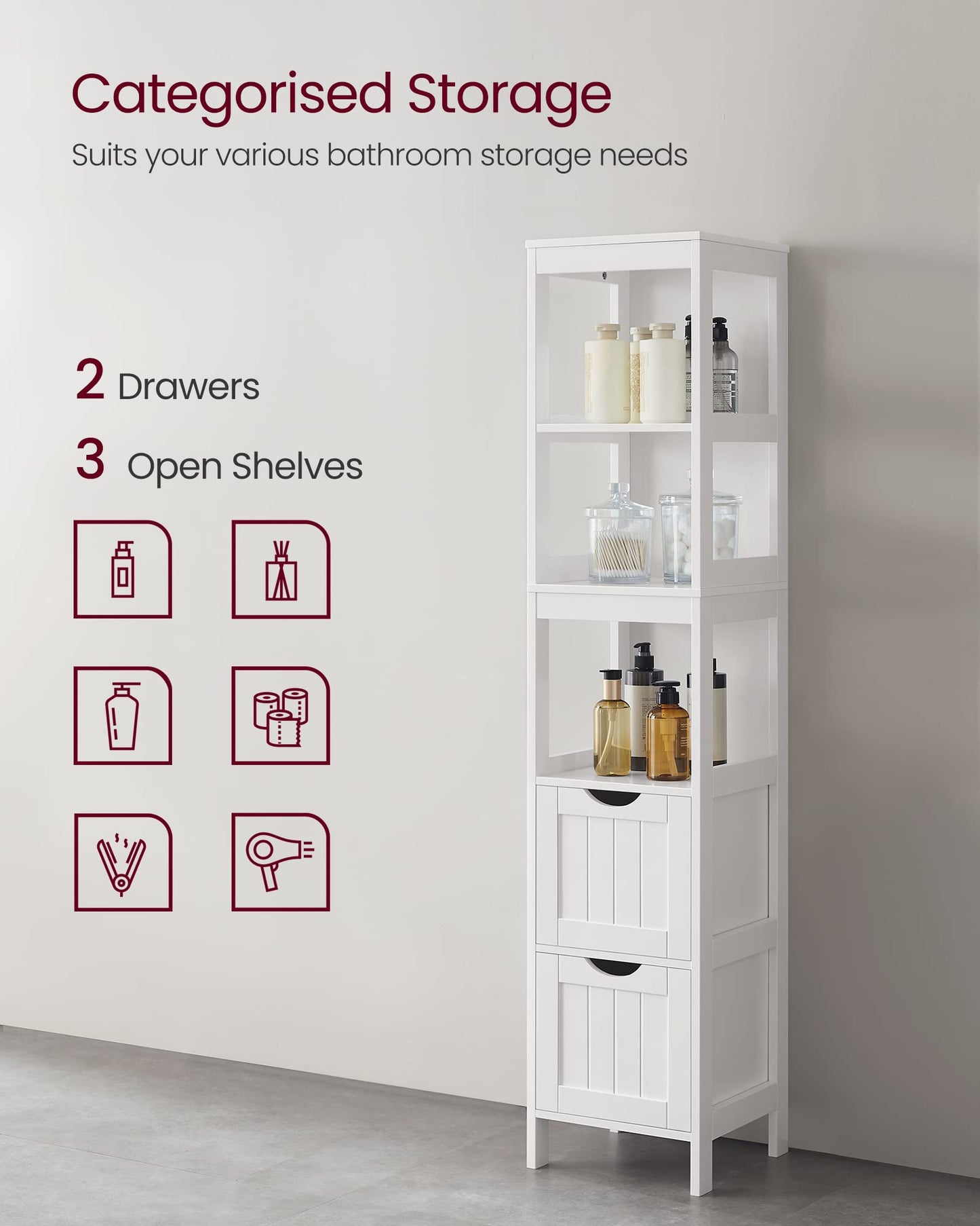 VASAGLE Bathroom Floor Cabinet, Freestanding Bathroom Storage Unit, with 2 Drawers, 3 Open Compartments, for Bathroom, Living Room, Kitchen, Modern