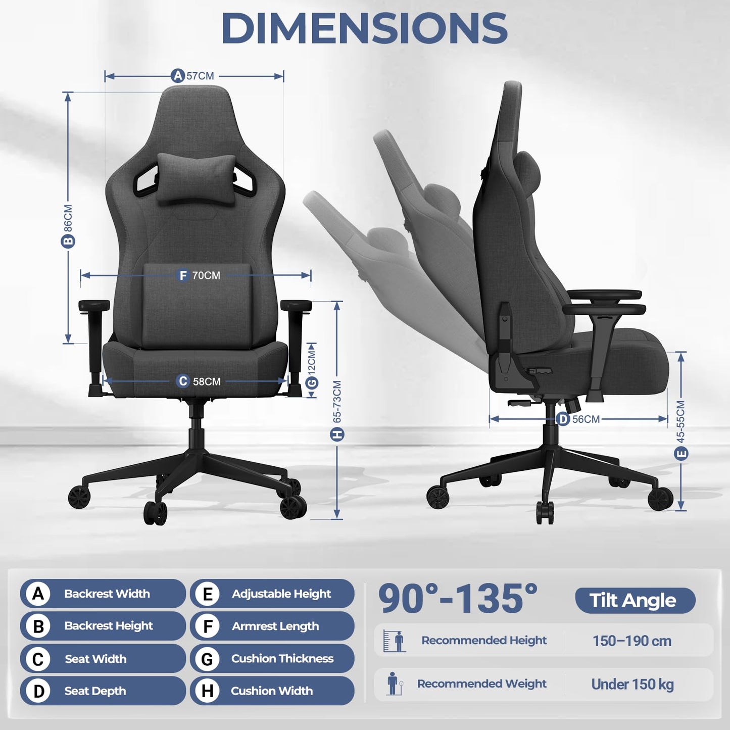 JUMMICO Fabric Gaming Chair with Racing Seat, Comfort Office Chair Ergonomic with 3D Height Adjustable, Desk Chair Tilt Function (90°-135°)